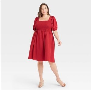 Red puff sleeve smock dress